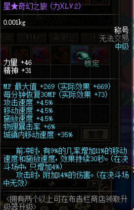 星奇幻之旅称号 LV2 属性